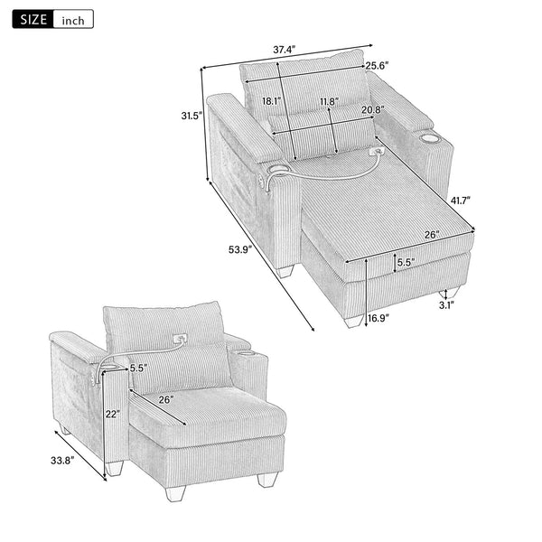 English Elm Convertible Chaise Lounge Sofa Chair & Bed - Corduroy With Usb Ports, Cup Holders & Storage Space N719S002021D