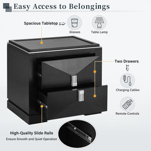 English Elm Mid-century Modern Nightstand with Diamond Geometric Drawers and Heavy Duty Wood Base Black N761P324094B