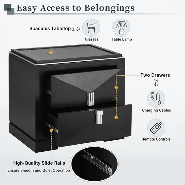 English Elm Mid-century Modern Nightstand with Diamond Geometric Drawers and Heavy Duty Wood Base Black N761P324094B