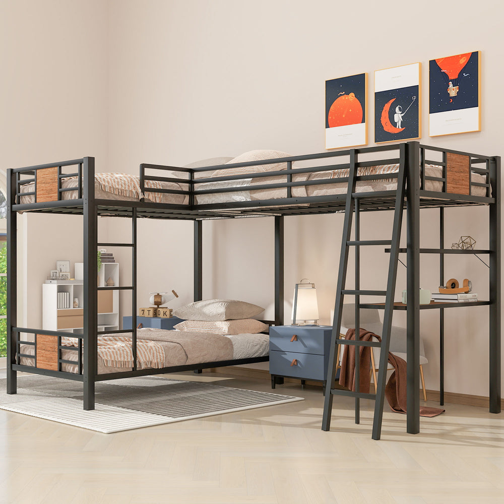 English Elm L-Shaped Twin Over Twin Bunk Bed with Loft Desk & Shelves, Brown Metal+MDF, Sturdy Sleep Solution GX001110AAD