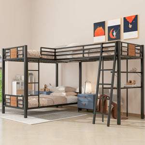 English Elm L-Shaped Twin Over Twin Bunk Bed with Loft Desk & Shelves, Brown Metal+MDF, Sturdy Sleep Solution GX001110AAD