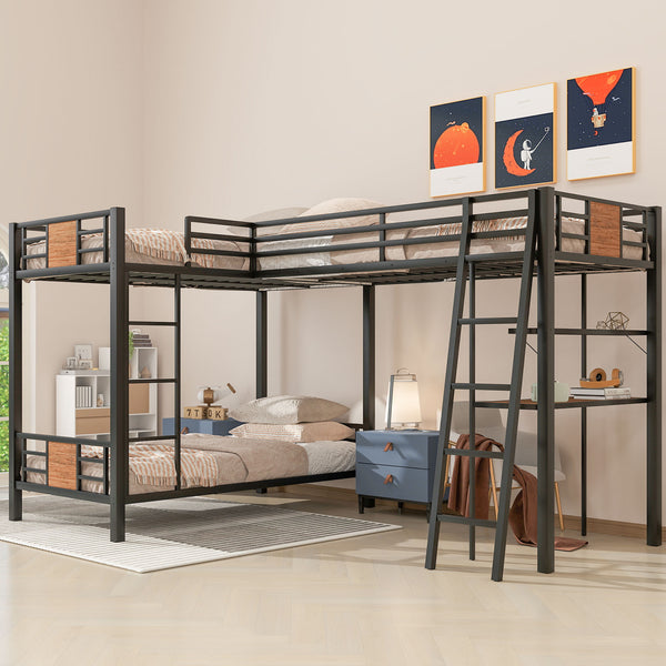 English Elm L-Shaped Twin Over Twin Bunk Bed with Loft Desk & Shelves, Brown Metal+MDF, Sturdy Sleep Solution GX001110AAD