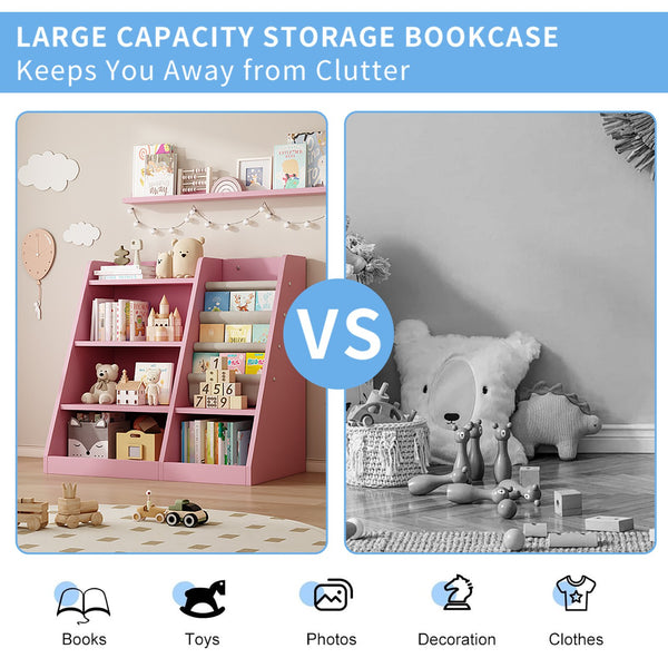 English Elm Pink Montessori Wooden Toy Storage Cabinet with 4-Tier Sling Book Pockets Sturdy Kids Bookshelf W2876P233538
