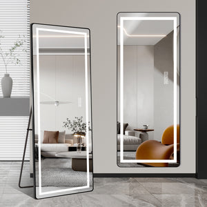 English Elm 64 64 inch x 21 inch LED Full-Length Mirror with Adjustable Stand & Wall Mount, 3-Temp Dimmable Black W2709P305306