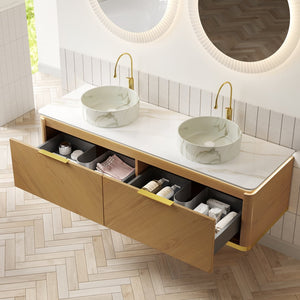 English Elm Dipa 60" Floating Bathroom Vanity Set With Dual Ceramic Sinks, Led Lights & Corolla Oak Finish W2615S00489