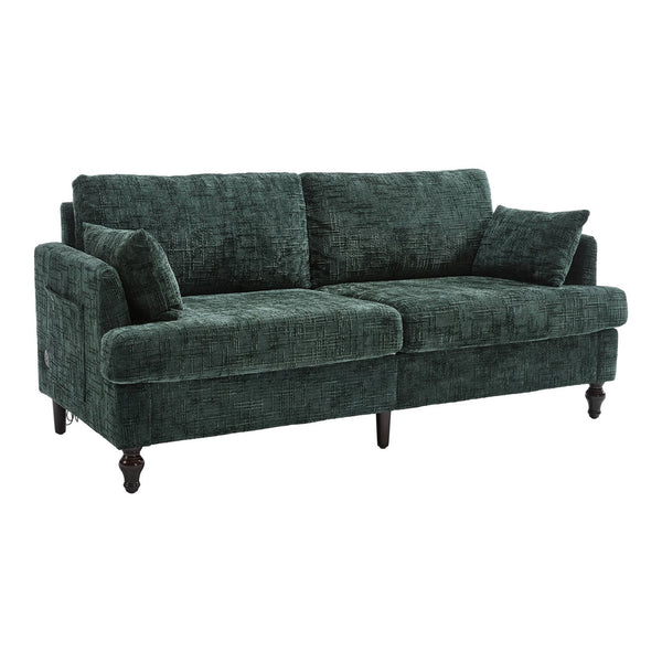 English Elm Modern chenille 2-seater sofa with LED lighting, USB charging, storage pocket, sturdy wood legs Emerald W395P318546
