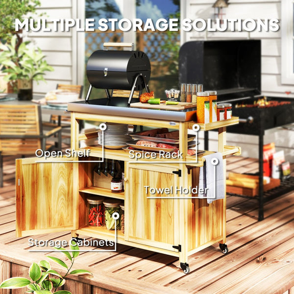 English Elm Outsunny Outdoor Kitchen Cart Solid Wood Steel Top Cabinets Spice Rack on Wheels W2225P485588