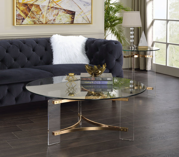 English Elm Sosi Gold Finish Coffee Table with 10mm Tempered Glass Top, Triangular Chrome Frame & Acrylic Base B2726P263407