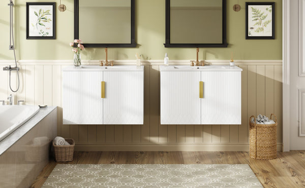 English Elm 60" Vintage Bathroom Vanity with Ceramic Sink Wall-Mount Modern Striped Design Durable MDF Wood Finish White N710SS00010K