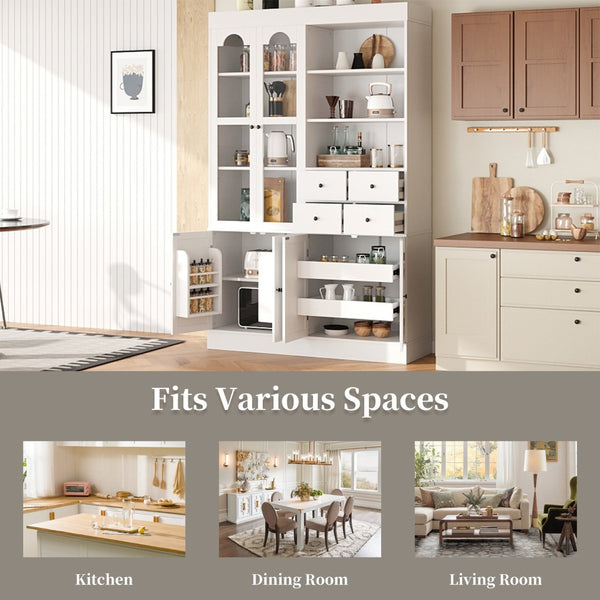 English Elm Topmax Shaker Buffet Hutch with Glass Doors Drawers and Pull-out Trays SP000092AAK