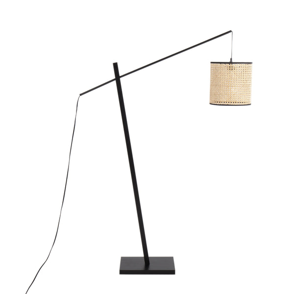 English Elm Arturo Contemporary Floor Lamp: Black Wood & Steel With Woven Rattan Shade For Cozy Illumination B202S01386