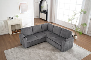 English Elm Sectional Corduroy Sleeper Sofa with Storage and Charging Ports for Small Spaces Grey W1361S00077