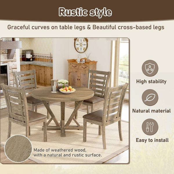English Elm Modern Farmhouse Round Rubberwood Dining Table Seats Four Wire Brushed Rustic Finish W2537P369840