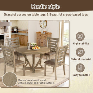 English Elm [5-Piece] Rustic Round Dining Table Set With Upholstered Chairs - Solid Wood, Farmhouse Charm & Comfort W2537S00001-GIGA