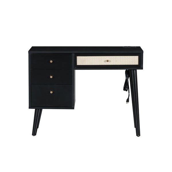 English Elm 39" Retro Bohemian Makeup Vanity Set with Rattan Drawers, USB Charging Port, Cushioned Stool, 4-Drawer Storage Black 44.1 L x 18.75 W x 10.5 H N733P180011B