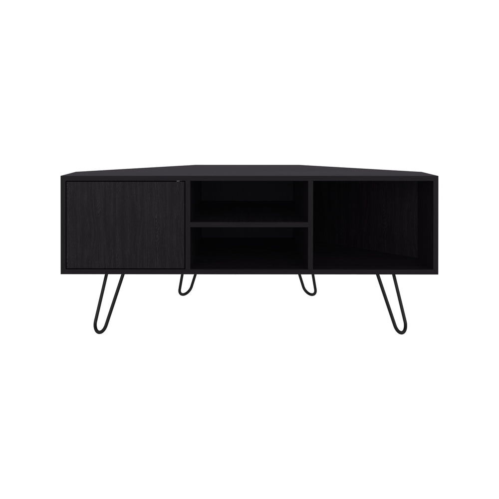 English Elm Lancaster Corner TV Stand with Two Shelves & Two Cabinets, Black MDF, Cable Management, Space-Saving Design B200P335349