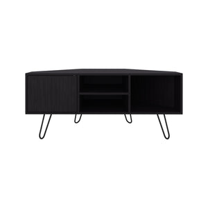 English Elm Lancaster Corner TV Stand with Two Shelves & Two Cabinets, Black MDF, Cable Management, Space-Saving Design B200P335349