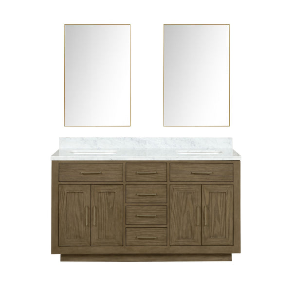 English Elm Grey Oak Double Bath Vanity With Carrara Marble Top & Two 28" Mirrors - Stylish Storage Solution! B2731S01534