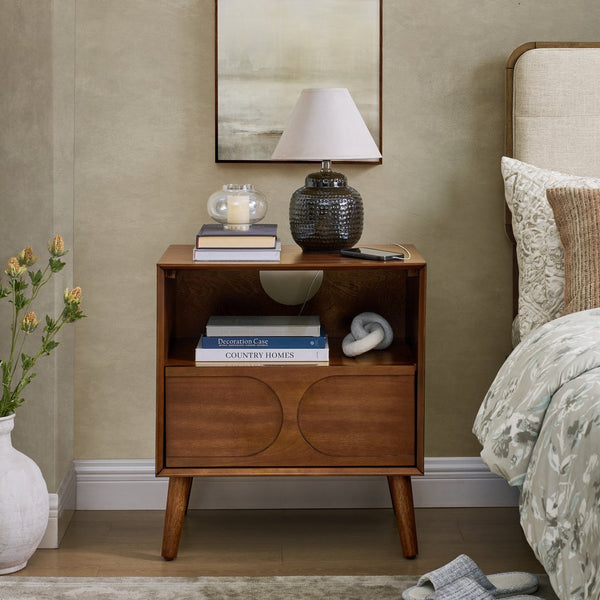 English Elm Mid Century Modern fluted nightstand with USB ports, dual outlets, drawer & open shelf, walnut finish W1801P288512