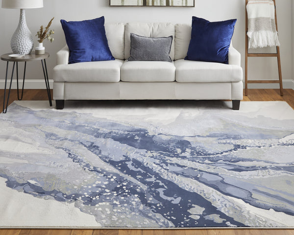 Feizy Rugs Clio Abstract Watercolor Area Rug - Luxurious Machine-made Design With High-low Pile Texture Blue,Gray,Ivory Polypropylene Clo39k2fblubgec03