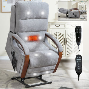 English Elm Power Lift Recliner Chair Chenille Upholstery Dual Motor Heat Massage Solid Wood Arms Gray W1803S00066