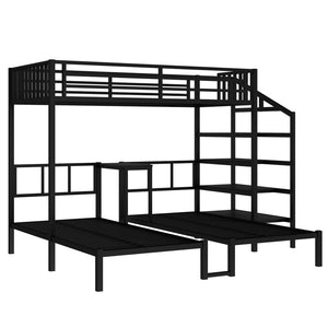 English Elm Twin Bunk Beds For 3 With Desk & Shelves, Space-Saving Metal Triple Bunk Bed, Noise Reduction, Black W1580S00116-GIGA