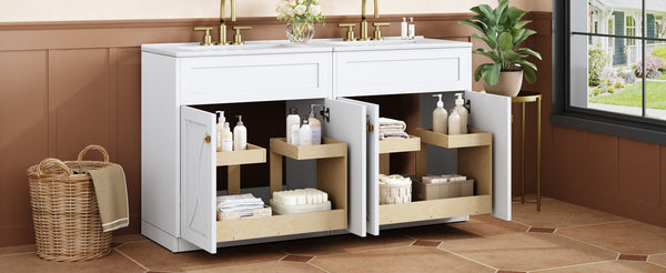 English Elm 60'' Bathroom Vanity Set With Glossy Ceramic Sink, Modern Cabinet, Gold Handles & Soft-Close Doors N710SS00005K