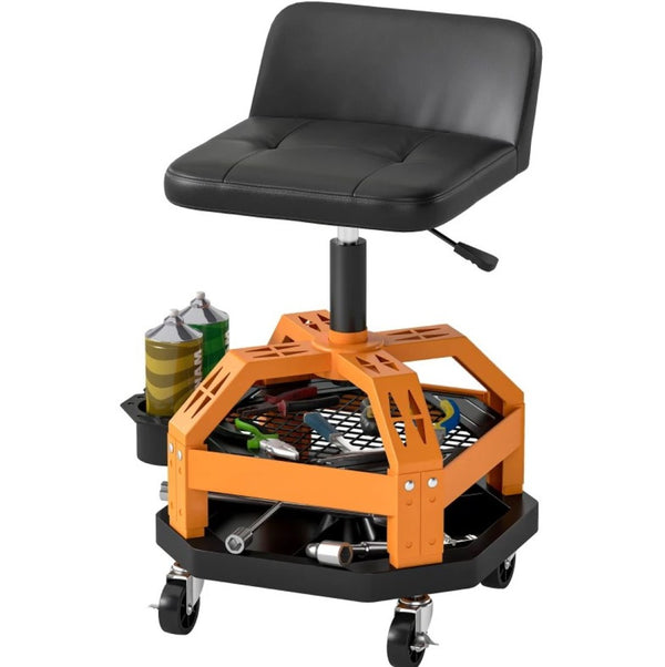English Elm Adjustable Rolling Garage Stool with Lumbar Support Dual Storage Trays and Swivel Casters T3971P412514