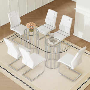 English Elm Table and Chair Set Oval Glass Top Twin Column Base with Six Pu Leather Seats Silver,Transparent,White W1151S04738