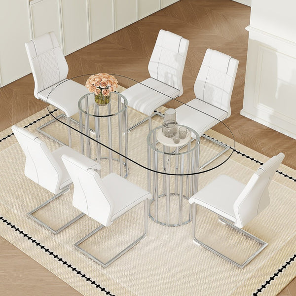 English Elm Table and Chair Set Oval Glass Top Twin Column Base with Six Pu Leather Seats Silver,Transparent,White W1151S04738