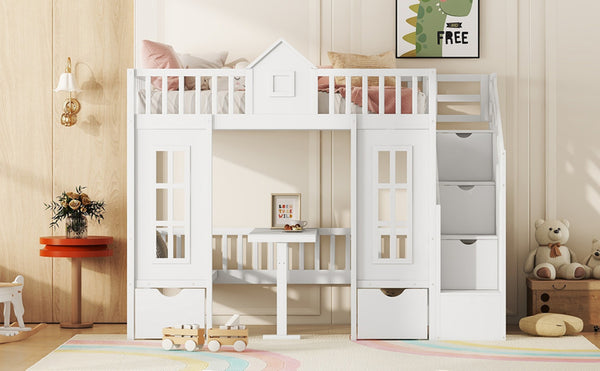 English Elm Twin-over-twin Bunk Bed Convertible Lower Desk Solid Pine Kids Bedroom Space Saver White LT000681AAK-1