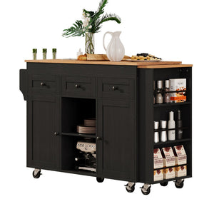 English Elm K&k Rolling Kitchen Island with Extendable Table Open Shelving and Built-in Power Outlet Black N707P360278B