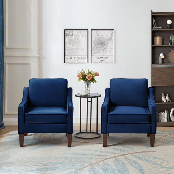 English Elm Modern Armchair Scooped Armrest Velvet Accent Chair with Wooden Legs — Cozy Compact Reading Nook Comfort Navy W2186P143465