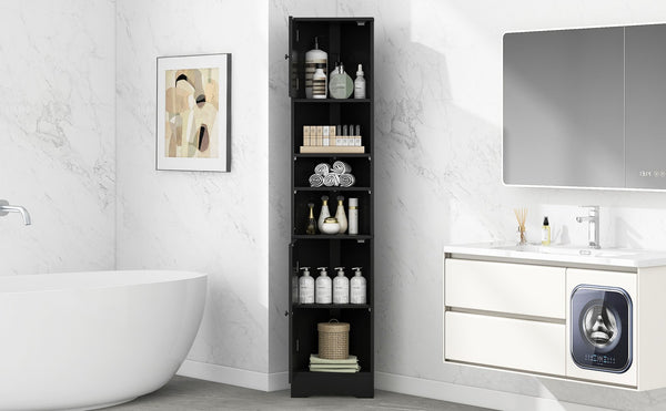 English Elm Multi-Functional Corner Cabinet Tall Trapezoid Bathroom Storage with Adjustable Shelves, Doors, Anti-Dump Device Black WF530911AAB