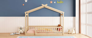 English Elm Twin Solid Pine House Bed Playhouse Frame with Fence Rail for Kids Rooms WF302176AAN