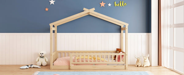 English Elm Twin Solid Pine House Bed Playhouse Frame with Fence Rail for Kids Rooms WF302176AAN