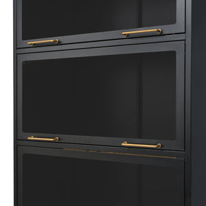 English Elm 76.75'' Tall Steel Barrister Bookcase with Led Lit Shelves and Brass Hardware Display Black SN845P397473B