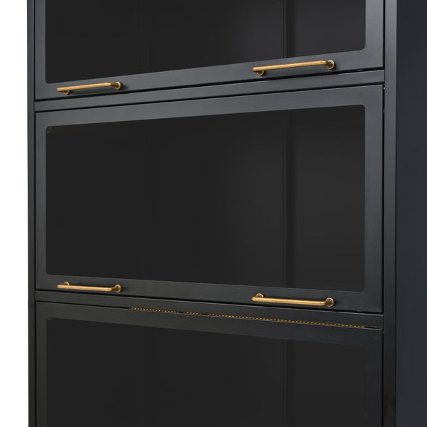 English Elm 76.75'' Tall Steel Barrister Bookcase with Led Lit Shelves and Brass Hardware Display Black SN845P397473B