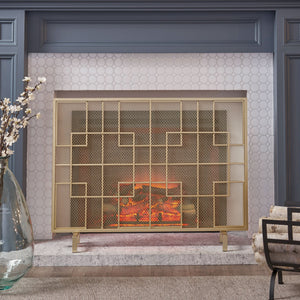 English Elm Christopher Knight Home® - FIRE Dorothy Modern Single Panel Iron Screen with Geometric Mesh Shield — Elegant Hearth Protection Gold 65178.00
