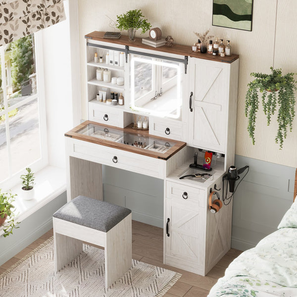 English Elm Farmhouse LED Vanity Desk with Sliding Mirror, Glass Top Storage, Built-In Charging Station & Stool White 37 L x 18.5 W x 13 H N733P340562K