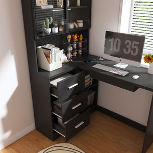 English Elm Computer Corner L-Shaped Desk with Glass Cabinets, Built-In LED, USB Ports, Keyboard Tray, Ergonomic Design Black W2699P345804