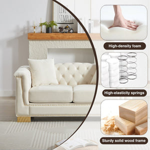 English Elm {video] Chesterfield Two-seater Velvet Sofa with Nailhead Trim and Tufted Gold Leg Luxury Beige W1926S00093
