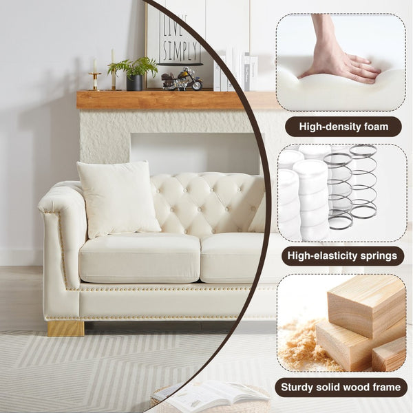 English Elm {video] Chesterfield Two-seater Velvet Sofa with Nailhead Trim and Tufted Gold Leg Luxury Beige W1926S00093