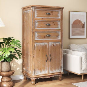 English Elm Rustic Farmhouse Tall Narrow Wood Cabinet Distressed Finish Cutout Door Drawers Natural Wood W2295P457174