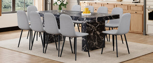 English Elm Table and Chair Set Seats Ten with Marble Pattern Mdf Top and Gray Linen Dining Chairs W1151S03922