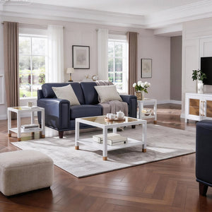 English Elm Industrial Square Coffee Table with Gold Mesh Tempered Glass Top and Matte Steel Legs White+Gold W3587P456310