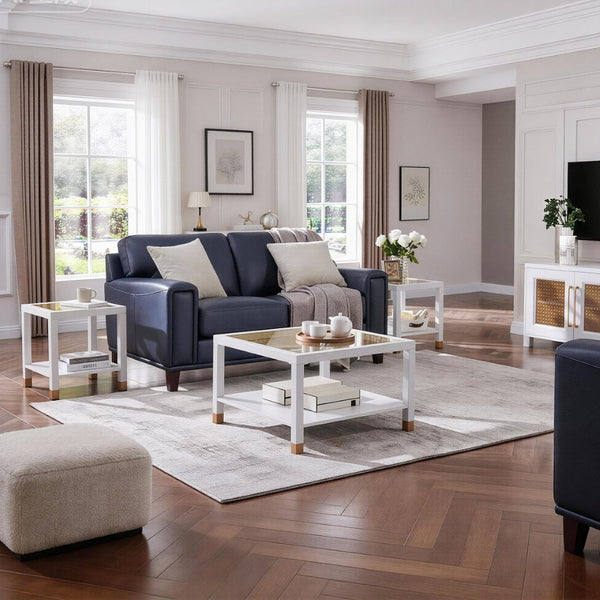 English Elm Industrial Square Coffee Table with Gold Mesh Tempered Glass Top and Matte Steel Legs White+Gold W3587P456310