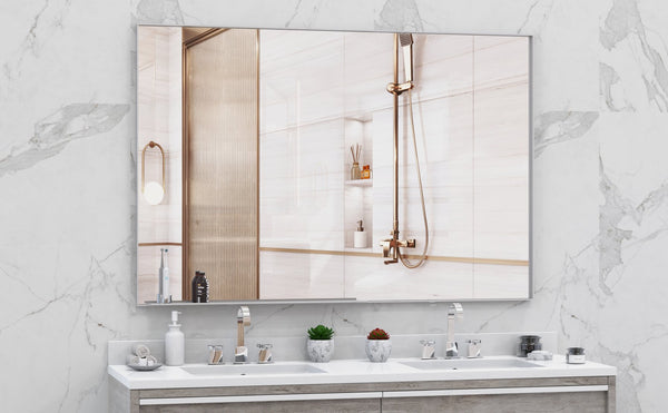 English Elm 60"x40" Oversized Modern Rectangle Mirror Silver Frame with Removable Tray, Aluminum HD Glass for Bath W708P297600