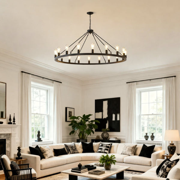 English Elm 53 Inch Matte Black Wagon Wheel Chandelier 18 Light Farmhouse Foyer Statement Fixture W5008P393041