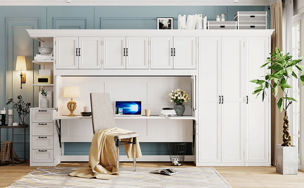 English Elm Twin Murphy Wall Bed with Integrated Desk Wardrobe and Storage Cabinet in White LP000767AAK